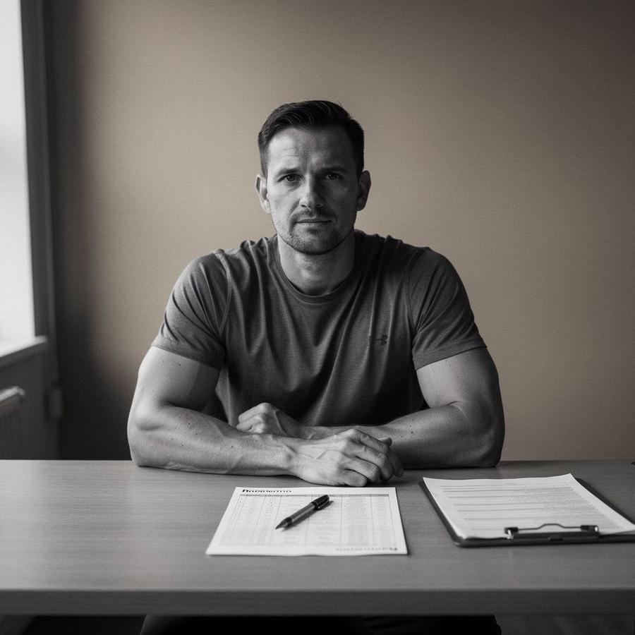 Head coach reviewing a printed training plan at the private studio desk in Pechersk