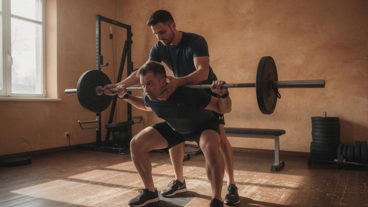 Coach guiding a client through a barbell exercise in a private Kyiv training studio